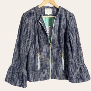 Sail to Sable Navy Blue Tweed Zip Up Bell Sleeve Jacket Size Small